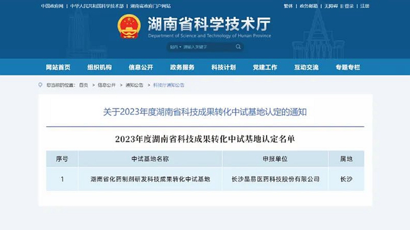 晶易醫藥獲“湖南省科技成果轉化中試基地”認定！